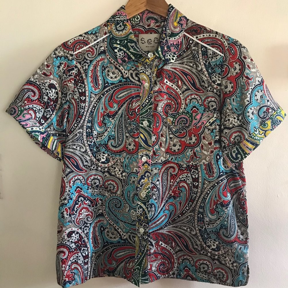 Sea New York short-sleeve button-down shirt, multi-colored paisley, size 4